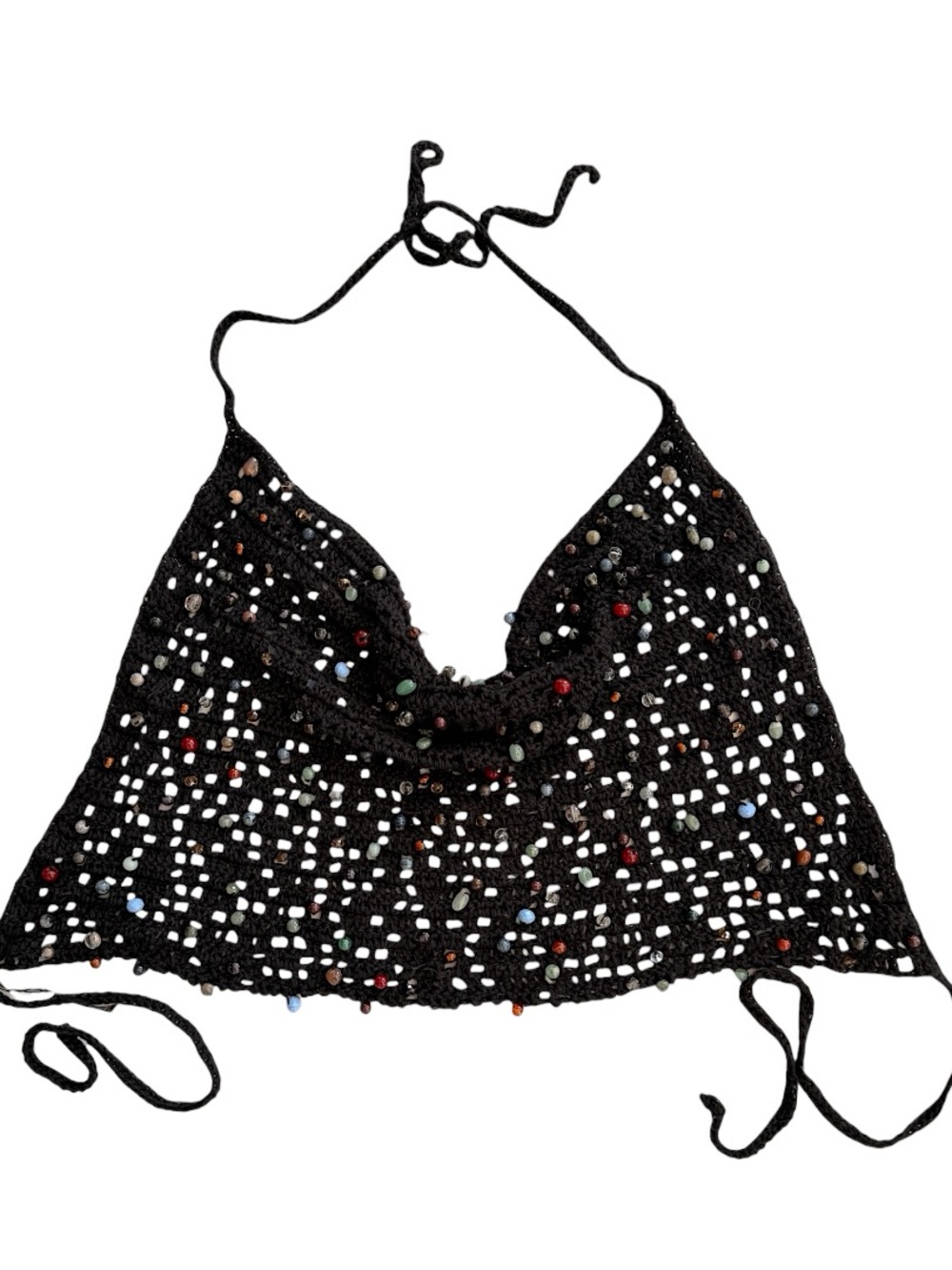 Black Crochet Halter Crop Top with Multicolor Bead Details